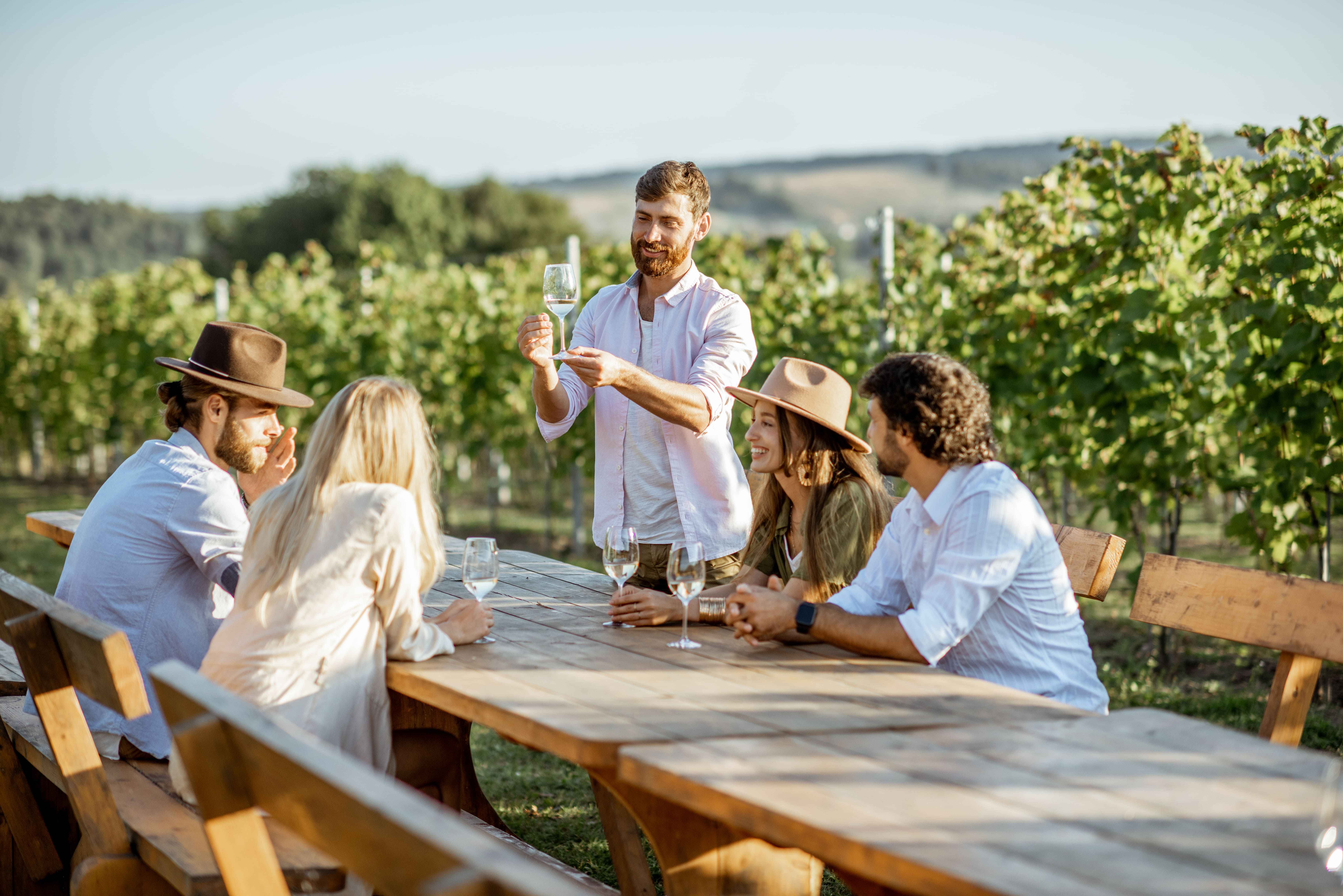 Wine glasses overlooking a vineyard in Niagara wine country